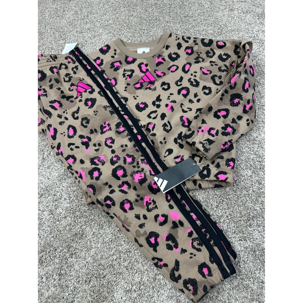 NWT Adidas Kids Brown Pink Leopard Flutter Sleeve Pullover Jogger Set 6X #0605